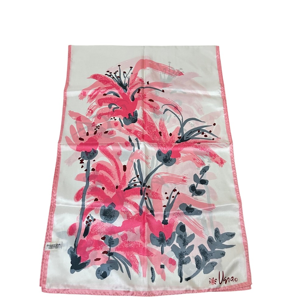 Vera Neumann Vintage Pink Satin Floral Scarf Ladybug Logo Made in Japan 21x14